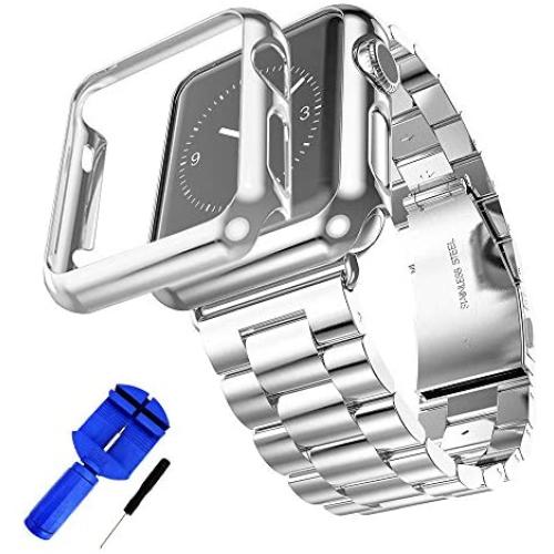 HUANLONG Compatible with Apple Watch Band, Solid Stainless Steel Metal Strap Band w/Adapter+Case Cover for Apple Watch iWatch 38/42mm (H Silver 38mm)