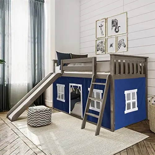 Max & Lily Low Bunk Bed with Slide and Blue Curtains, Twin, Clay Max & Lily Low Bunk Bed with Slide and Blue Curtains, Twin, Clay