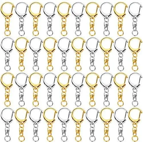 Roctee 100 Piece D Hook Keychain Hardware with Jump Rings, Metal Split Key Ring Clips with Chain for Craft Charm Making DIY (Silver & Gold)