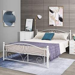 Kealive Vintage White Metal Bed Frame with Headboard, Wrought Iron Platform Bed Frame, Iron Pipe Bed Frame, No Box Spring Needed, Under Bed Storage, Queen