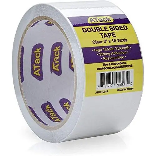 ATack Clear Double-Sided Tape, 2'' x 15 Yards, Tear by Hand, Wall Safe Heavy-Duty Double Sides Self Sticky Wall Fabric Tape for Wood Templates, Furniture, Leather, Curtains and Craft ATack Clear Double-Sided Tape, 2'' x 15 Yards, Tear by Hand, Wall Safe Heavy-Duty Double Sides Self Sticky Wall Fabric Tape for Wood Templates, Furniture, Leather, Curtains and Craft