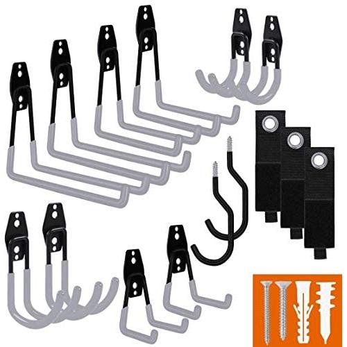 Smartology Garage Hooks with Bike Hook & Extension Cord Organizer, 15 Pack Set Steel Multi-Tool Hanger, Heavy Duty Utility Storage Holder for Home & Warehouse Lawn Garden Tool Organization