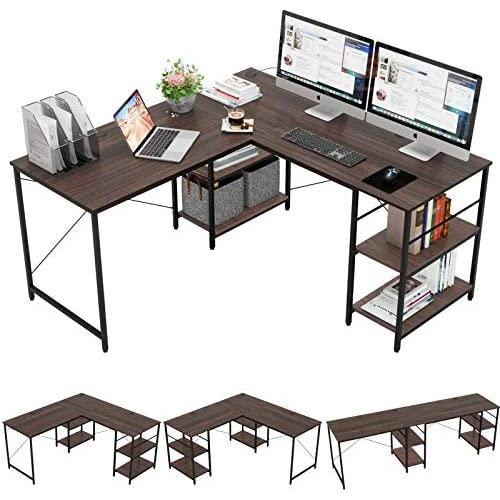 Bestier 95.5''L-shaped Desk with Storage Shelves,Adjustable 2 Person Desk L- shaped Corner Computer desk Extra Long Desk with Shelves,Multi-Usage Large Tables Desk for Home Office Gaming Study (Brown)