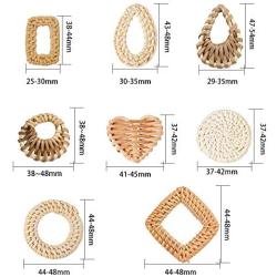 SUNNYCLUE 16pcs Handmade Rattan Woven Reed Cane Charms Connector Pendants Linking Rings Geometric Round Oval Bohemian Lightweight Circle for Straw Wicker Braid Earrings Jewelry Making NO Hole