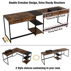 Nost & Host Switchable 59’’ L Shaped Corner Computer Desk with Free Monitor Stand & Headphone Rack, 94.5’’ 2 Person Extra Long Working Desk with Shelves, Home Office Gaming Table, Rustic Brown & Black