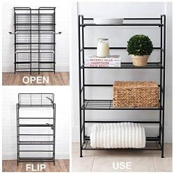 Flipshelf Folding Metal Bookcase-Small Space Solution-No Assembly-Home, Kitchen, Bathroom and Office Black, 4 Shelves, Wide