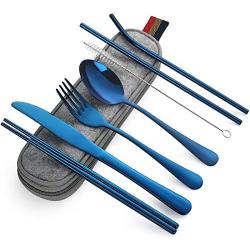 Devico Portable Utensils, Travel Camping Cutlery Set, 8-Piece including Knife Fork Spoon Chopsticks Cleaning Brush Straws Portable Case, Stainless Steel Flatware set (8-piece Blue)