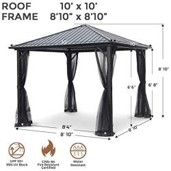 AsterOutdoor 10x10 Outdoor Hardtop Gazebo for Patios Galvanized Steel Canopy for Shade and Rain with Mosquito Netting, Metal Frame for Lawn, Backyard and Deck 99% UV Rays Block, Black