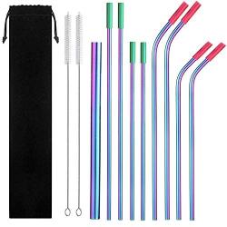 Eskyhouse Rainbow Colorful Stainless SteelStraws, 9Pcs Assorted Reusable Metal Drink Straws With Ultra Wide Metal Straw For Yeti 20oz 30oz 40oz Tumblers 8 Silicone tips 1 Pouch