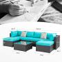 Walsunny 7pcs Patio Outdoor Furniture Sets,Low Back All-Weather Rattan Sectional Sofa with Tea Table&Washable Couch Cushions&Ottoman (Black Rattan)(Blue)
