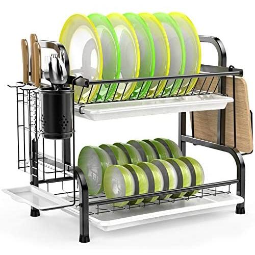 Dish Drying Rack, iSPECLE 304 Stainless Steel 2-Tier Dish Rack with Utensil Holder, Cutting Board Holder and Dish Drainer for Kitchen Counter