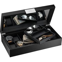 Glenor Co Watch and Sunglasses Box with Valet Tray for Men -14 Slot Luxury Display Case Organizer, Black Carbon Fiber Design for Mens Jewelry Watches, Mens Storage Holder w Large Mirror, Metal Buckle