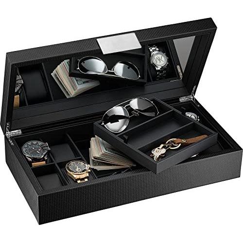 Glenor Co Watch and Sunglasses Box with Valet Tray for Men -14 Slot Luxury Display Case Organizer, Black Carbon Fiber Design for Mens Jewelry Watches, Mens Storage Holder w Large Mirror, Metal Buckle