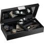 Glenor Co Watch and Sunglasses Box with Valet Tray for Men -14 Slot Luxury Display Case Organizer, Black Carbon Fiber Design for Mens Jewelry Watches, Mens Storage Holder w Large Mirror, Metal Buckle