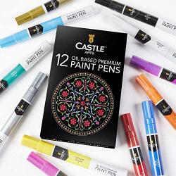 Castle Art Supplies 12 Oil Based Paint Pens Vibrant Premium Colored Markers for adults kids artists | Color on Rocks Stones Metal Wood Ceramic Vinyl Glass Plastic | Weather resistant and Non Toxic