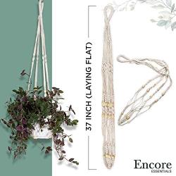 Encore Essentials Macrame Plant Hangers Indoor w/ 2 Hook Options - 37'' Ivory Hanging Planter Basket with Decorative Wood Beads - Hanging Flower Pot Holder - Boho Plant Hanger Style for Indoor/Outdoor