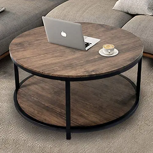 NSdirect 36 inches Round Coffee Table, Rustic Wooden Surface Top & Sturdy Metal Legs Industrial Sofa Table for Living Room Modern Design Home Furniture with Storage Open Shelf (Light Walunt) NSdirect 36 inches Round Coffee Table, Rustic Wooden Surface Top & Sturdy Metal Legs Industrial Sofa Table for Living Room Modern Design Home Furniture with Storage Open Shelf (Light Walunt)