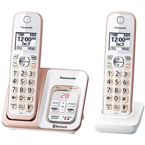 PANASONIC Expandable Cordless Phone System with Link2Cell Bluetooth, Voice Assistant, Answering Machine and Call Blocking - 2 Cordless Handsets - KX-TGD562G (Rose Gold/White) PANASONIC Expandable Cordless Phone System with Link2Cell Bluetooth, Voice Assistant, Answering Machine and Call Blocking - 2 Cordless Handsets - KX-TGD562G (Rose Gold/White)