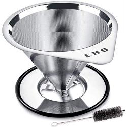 Pour Over Coffee Dripper Stainless Steel LHS Slow Drip Coffee Filter Metal Cone Paperless Reusable Single Cup Coffee Maker 1-2 Cup With Non-slip Cup Stand and Cleaning Brush