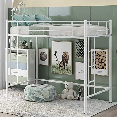 Twin Loft Bed Frame with 2 Ladders, High Metal Loft Bed for Kids, 220 lbs Weight Limits, Twin Size, White Twin Loft Bed Frame with 2 Ladders, High Metal Loft Bed for Kids, 220 lbs Weight Limits, Twin Size, White
