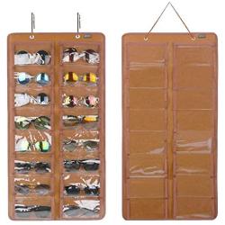 AROUY Sunglasses Organizer Storage, Hanging Dust Proof Wall Pocket Glasses Organizer - 16 Felt Slots Sunglass Organizer Holder with Metal Hook and Sturdy Rope (Brown, Dust Proof)