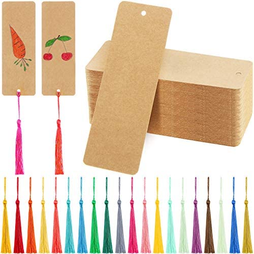 150 Pieces Kraft Paper Blank Bookmarks Gift Tags and 150 Pieces Handmade Tassels Pendant for DIY Craft Bookmark Key Chain Earring Jewelry Making (Kraft)