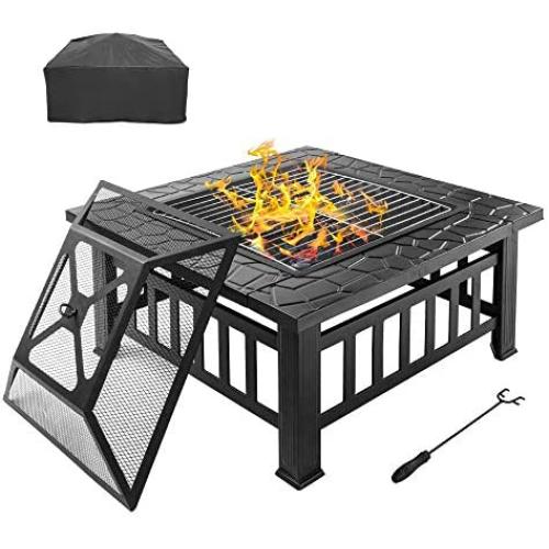 Bonnlo 32'' Outdoor Fire Pit with Barbecue/Cooking Grill and Rain Cover Square Metal Wood Burning Pit Backyard Patio Terrace