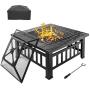 Bonnlo 32'' Outdoor Fire Pit with Barbecue/Cooking Grill and Rain Cover Square Metal Wood Burning Pit Backyard Patio Terrace