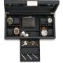 Glenor Co Watch and Sunglasses Box with Valet Tray for Men -14 Slot Luxury Display Case Organizer, Black Carbon Fiber Design for Mens Jewelry Watches, Mens Storage Holder w Large Mirror, Metal Buckle
