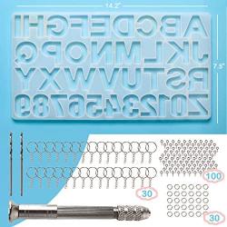 Mocoosy 134Pcs Silicone Alphabet Resin Molds Kit Backward Letter Number Silicone Mold Epoxy Resin Casting Molds Keychain Making Set with 1 Hand Drill 2 Drill Bits 30 Key Rings 100 Screw Pins