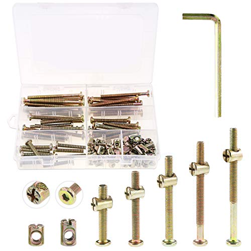 Keadic 100Pcs M6 40/50/60/70/80mm Baby Bed Screws Hardware Replacement Kit, Hex Socket Head Cap Screws Nuts for Furniture Cots Beds Crib, 1 Hex Key for Free - Zinc Plated High Speed Steel