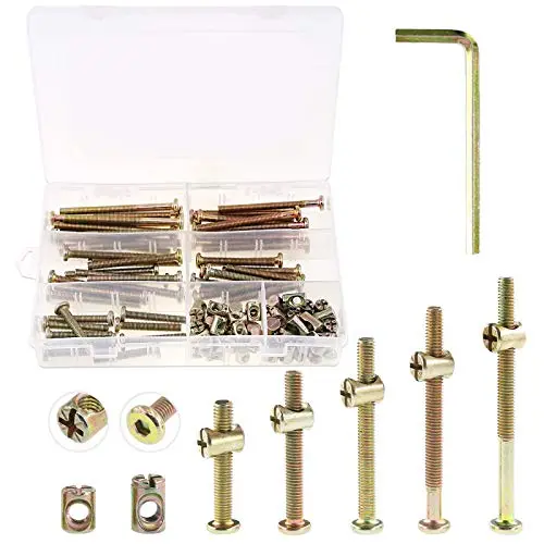 Keadic 100Pcs M6 40/50/60/70/80mm Baby Bed Screws Hardware Replacement Kit, Hex Socket Head Cap Screws Nuts for Furniture Cots Beds Crib, 1 Hex Key for Free - Zinc Plated High Speed Steel