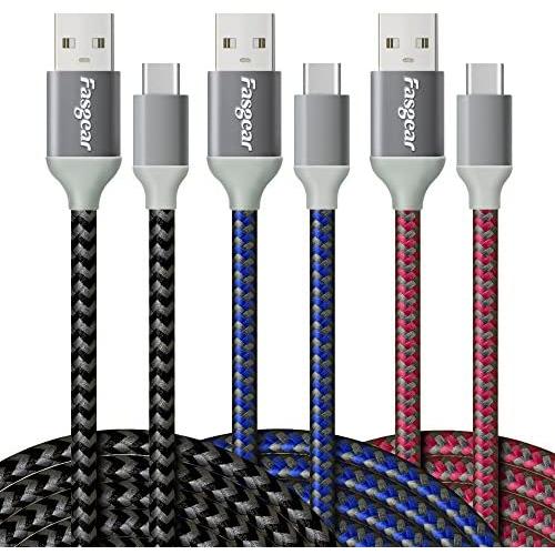 USB Type C Cable 10ft, Fasgear 3 Pack Long USB to USB C Cable Nylon Braided Fast Charging Compatible with Galaxy Note 8 9 S8/S9/S10/S10+, LG V20/G6 and More (Blue/Black/Rose)