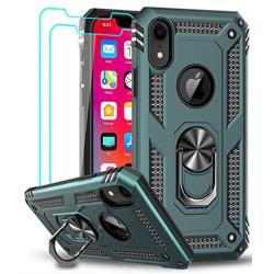 LeYi Compatible for iPhone XR Case with Tempered Glass Screen Protector [2Pack] for Women Men Teens, [Military-Grade] Phone Case with Ring Kickstand for Apple iPhone XR 10 10 XR, Midnight Green