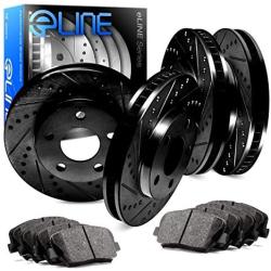 For Nissan Armada, Titan R1 Concepts eLine Front Rear Black Drill Slot Brake Rotors Kit + Ceramic Pads