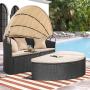 Homall Patio Furniture Outdoor Daybed with Retractable Canopy Wicker Furniture Sectional Seating with Washable Cushions for Patio Backyard Porch Pool Round Daybed Separated Seating (Beige)
