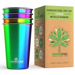 Stainless Steel Cups 16oz Pint Tumbler (4 Pack) - Premium Metal Drinking Glasses | Stackable Durable Cup (16oz Rainbow)