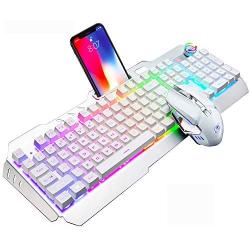 Wireless Gaming Keyboard and Mouse,16 Kinds RGB LED Backlit Rechargeable Keyboard Mouse with 4800mAh Battery Metal Panel,Mechanical Feel and Gaming Mute Mouse for PC Gamers(White RGB Backlit)