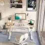 FEZIBO Dual Motor Height Adjustable Electric Standing Desk with Keyboard Tray, 48 x 24 Inch Sit Stand Table with Splice Board, White Frame/Natural and White Top FEZIBO Dual Motor Height Adjustable Electric Standing Desk with Keyboard Tray, 48 x 24 Inch Sit Stand Table with Splice Board, White Frame/Natural and White Top