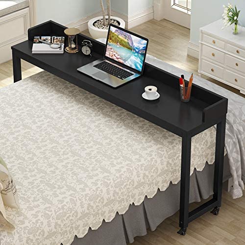 Tribesigns Overbed Table with Wheels, Unadjustable Queen Size Mobile Desk with Heavy-Duty Metal Legs, Height Cant Adjust (Black)