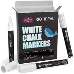 GOTIDEAL Liquid Chalk Markers, 6 Pack White Chalk Pens for Car Windows, Chalkboard Signs, Blackboard, Glass Painting, Wet Erase - 6mm Reversible Medium Tip-24 Free Chalkboard Labels New