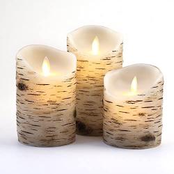 Flameless Candles with brich Effect 4'' 5'' 6'' Set of 3 Dripless Real Wax Pillars Include Realistic Dancing LED Flames and 10-Key Remote Control with 24-Hour Timer Function -AntizerTM