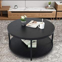 NSdirect Round Coffee Table, 36 inch Rustic Wooden Surface Top & Sturdy Metal Legs Industrial Sofa Table for Living Room Modern Design Home Furniture with Storage Open Shelf (Black)