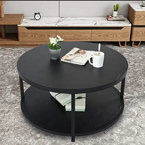 NSdirect Round Coffee Table, 36 inch Rustic Wooden Surface Top & Sturdy Metal Legs Industrial Sofa Table for Living Room Modern Design Home Furniture with Storage Open Shelf (Black) NSdirect Round Coffee Table, 36 inch Rustic Wooden Surface Top & Sturdy Metal Legs Industrial Sofa Table for Living Room Modern Design Home Furniture with Storage Open Shelf (Black)