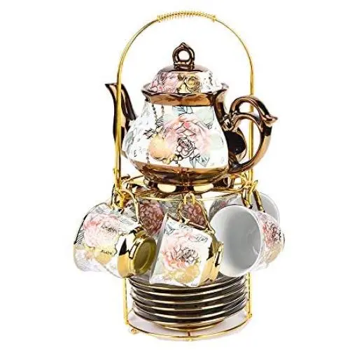 20 Piece European Ceramic Tea Set Porcelain Tea SetWith Metal Holder,flower tea set Red Rose Painting,90ML/Cup,450ML/Pot(Small version)