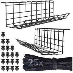 Under Desk Cable Management Tray - Under Desk Cable Organizer for Wire Management. Desk Cable Tray with 25 Extra Straps. Perfect Standing Desk Cable Management Rack (Black Wire Tray - Set of 2X 17)