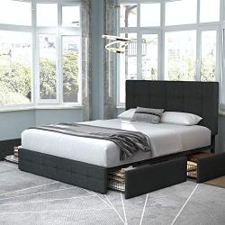 Allewie Queen Platform Bed Frame with 4 Drawers Storage and Headboard, Square Stitched Button Tufted Upholstered Mattress Foundation with Wood Slat Support, No Box Spring Needed, Dark Grey