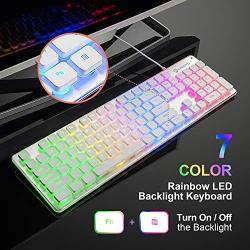 LANGTU Membrane Gaming Keyboard, Rainbow LED Backlit Quiet Keyboard for Office, USB Wired All-Metal Panel 25 Keys Anti-ghosting Computer Keyboard 104 Keys - L1 White/Silver