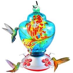 AIPET Hummingbird Feeder for Outdoor 38 Fluid Ounces Blown Glass Hummingbird Feeders Nectar Capacity Include Ant Moat, Metal Hook, Hemp Rope, Brush-Blue