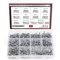 DYWISHKEY 320 Pieces 410 Stainless Steel #8#10#14 Hex Washer Head Self Drilling Sheet Metal Screws Assortment Kit